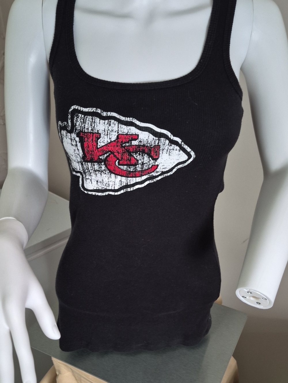 NFL Black Ribbed Tank with White and Red KC Arrowhead Graphic